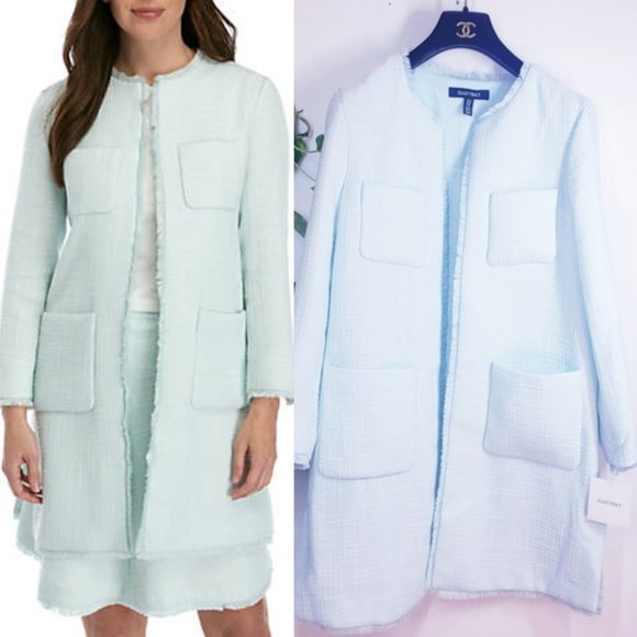 NWT ELLEN TRACY Celadon  Women Light Green Blazer  Open Long Sleeves Fringed Hem - Picture 8 of 13